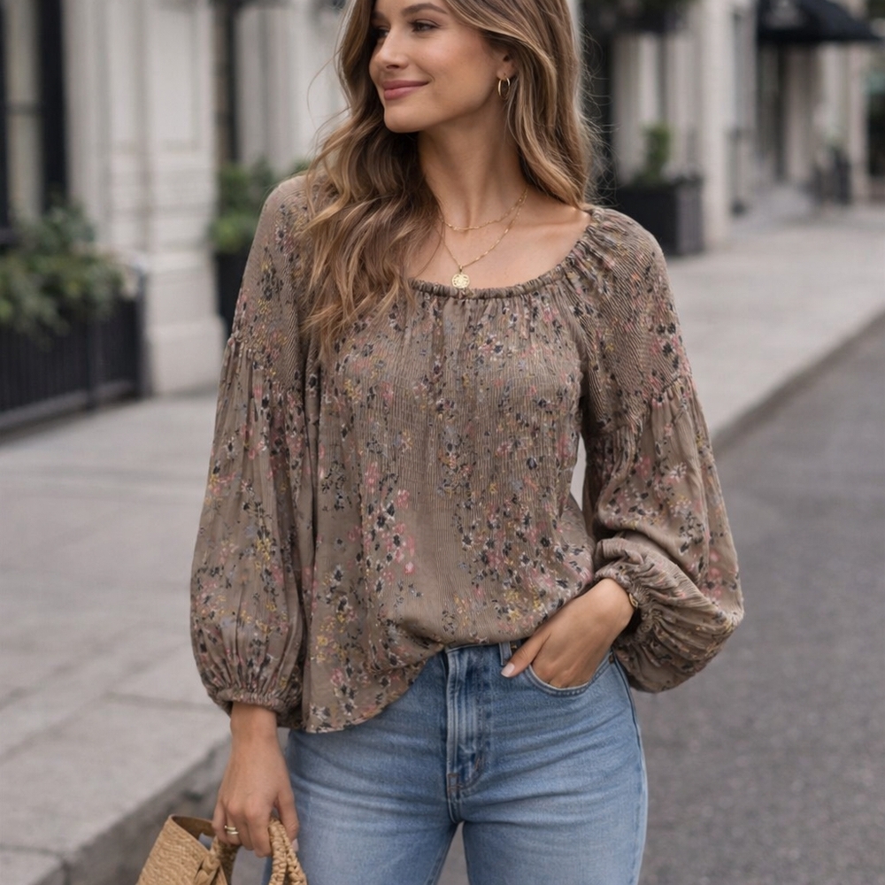 Floral Smocked Peasant Blouse | Boho Romantic Balloon Sleeve Top
